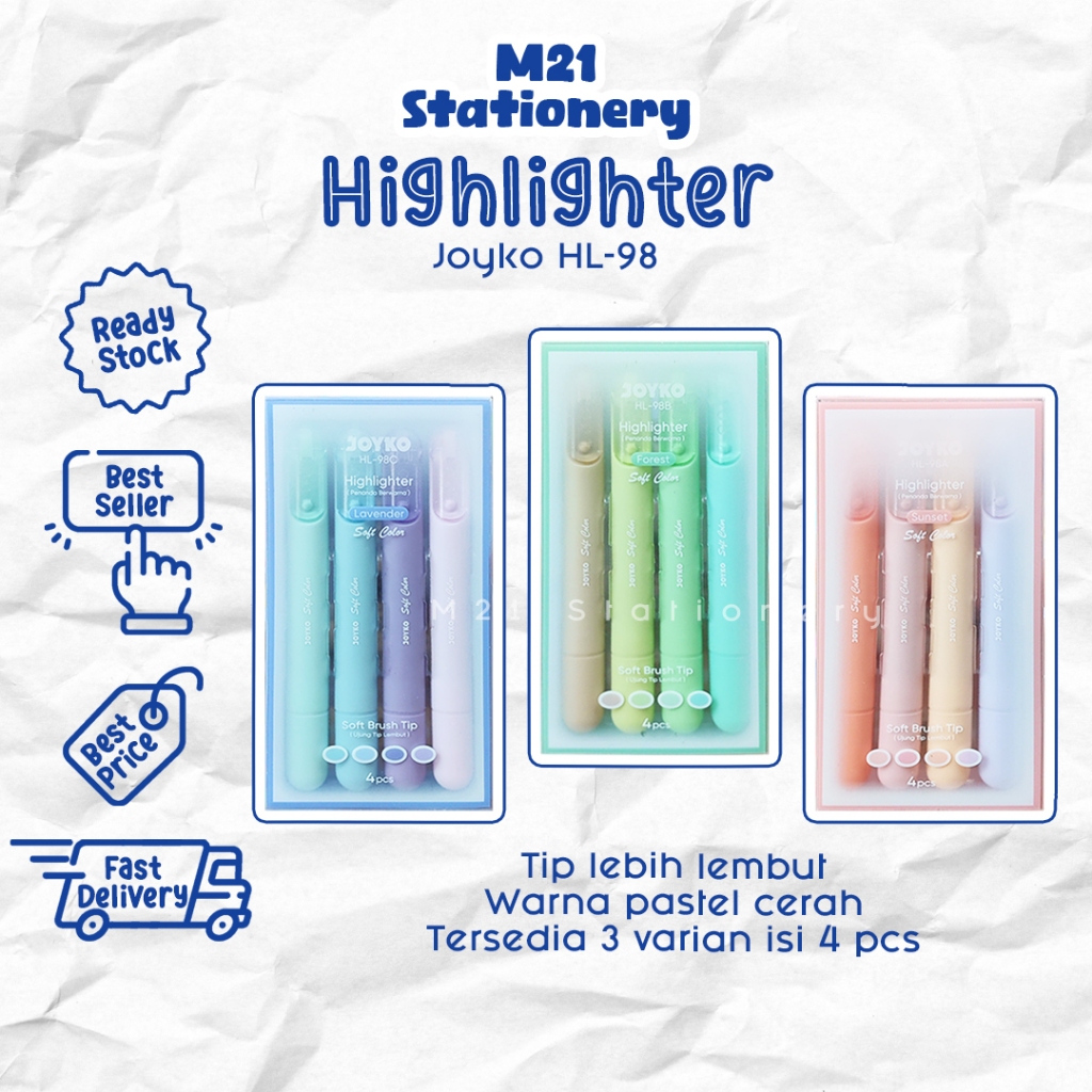 

(4 PCS) HIGHLIGHTER JOYKO HL-98 / SERI LAVENDER SUNSET FOREST HL-98A HL-98B HL-98C PENANDA WARNA STABILO DENGAN WADAH JOURNALING ALAT TULIS SEKOLAH KULIAH ATK KANTOR MURAH STATIONERY | M21 STATIONERY JOGJA