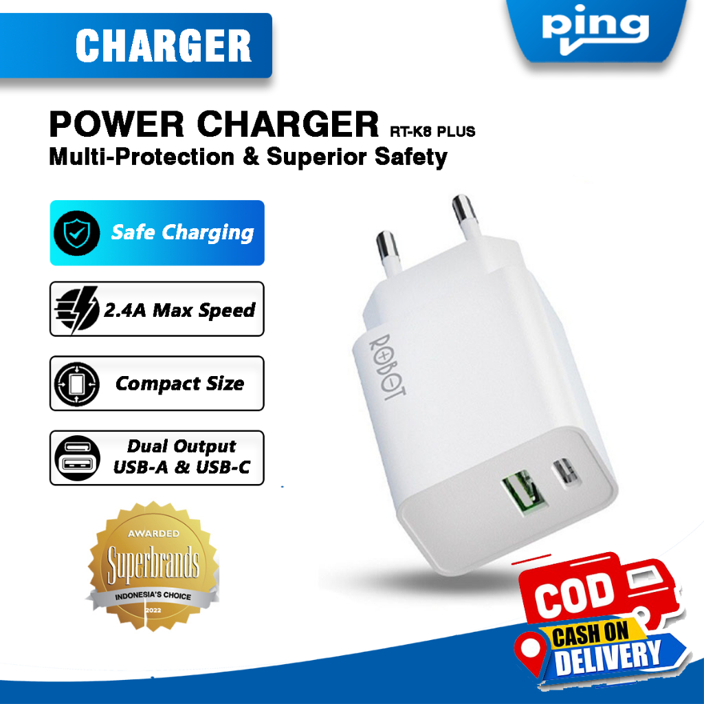 ROBOT Adaptor Charger Dual USB-A & USB Type-C 2.4A Original RT-K8 Plus | Pingcellstore