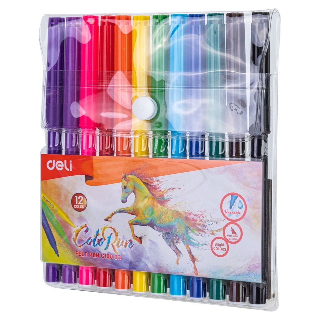 

spidol 12 warna deli kemasan plastik syarat lomba gambar washable( water base) no 1 di dunia merek deli color run kuda