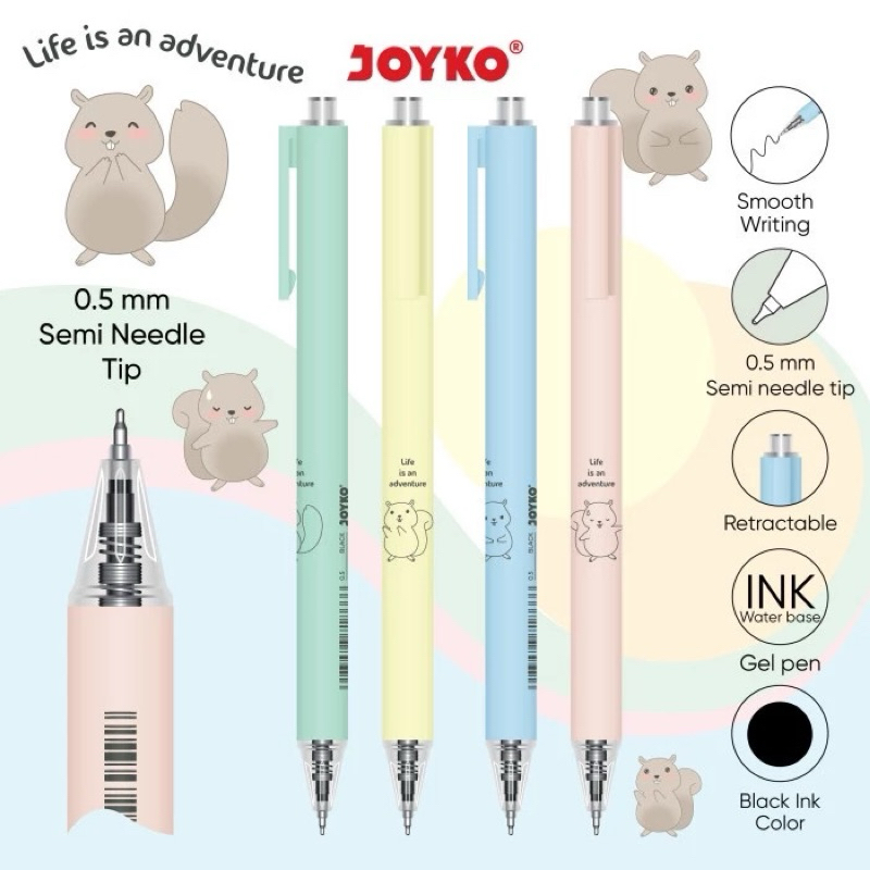 

( 4 BIJI ) Gel Pen Pulpen Pena Joyko GP-373 0.5 mm Pastel Color Cute Squirrel 1 SET ISI 4 BIJI