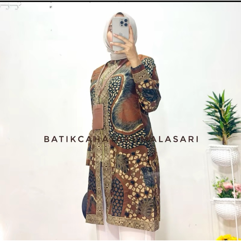Batik Malika Batik tunik panjang wanita moderen lapis trikot resleting depan saku paspol Batik kanto