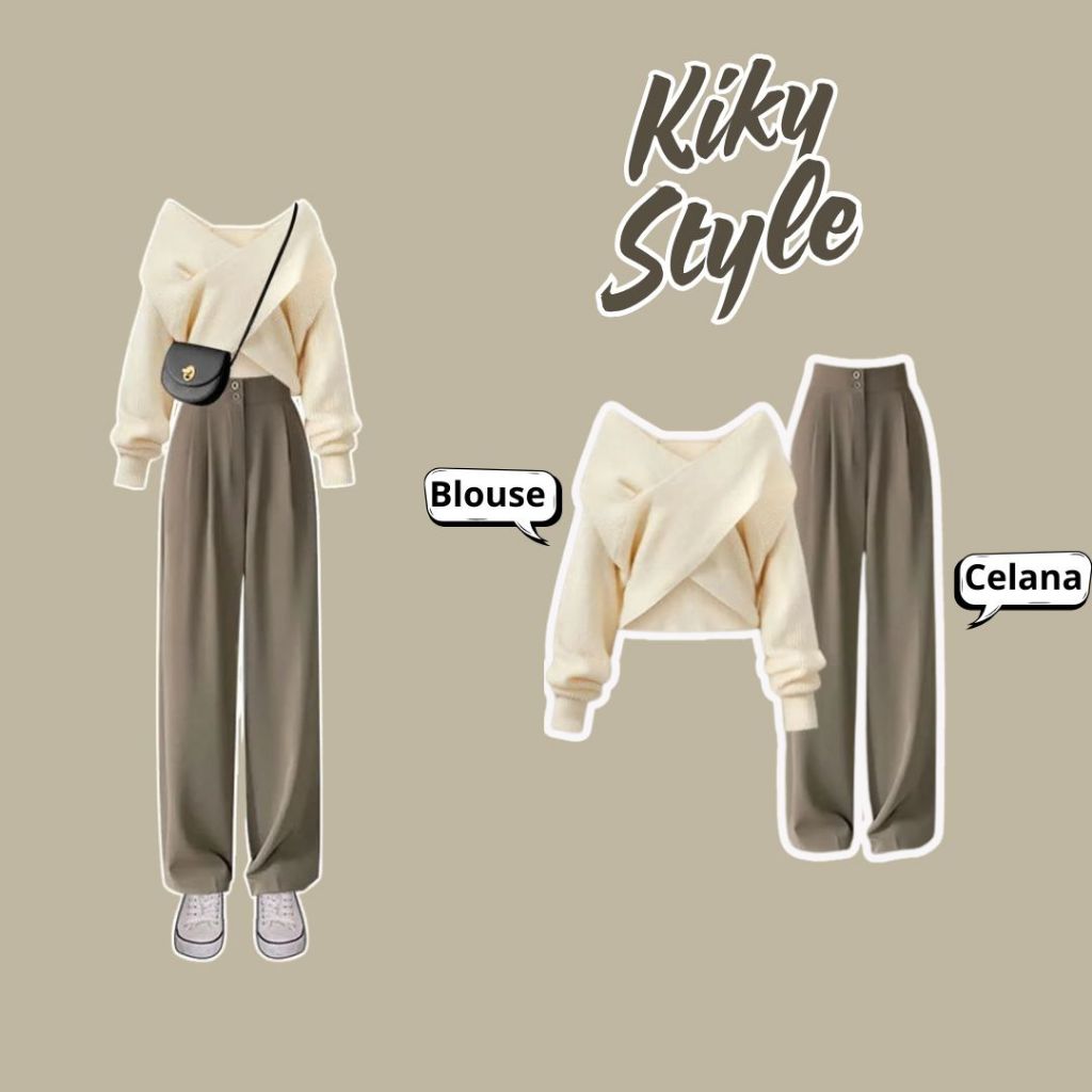 Kiky Style | One Set ( Blouse Rajut + Celana Kulot + Hijab ) | OOTD Korean Style