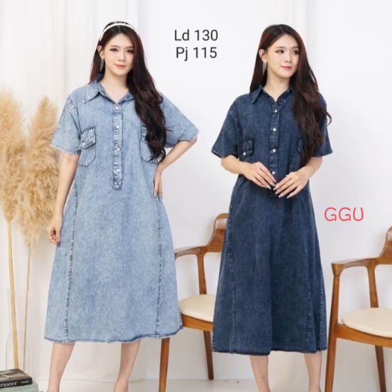 GGU dress wanita jeans Denim jumbo ld130 pj115 ada kancing polos midi