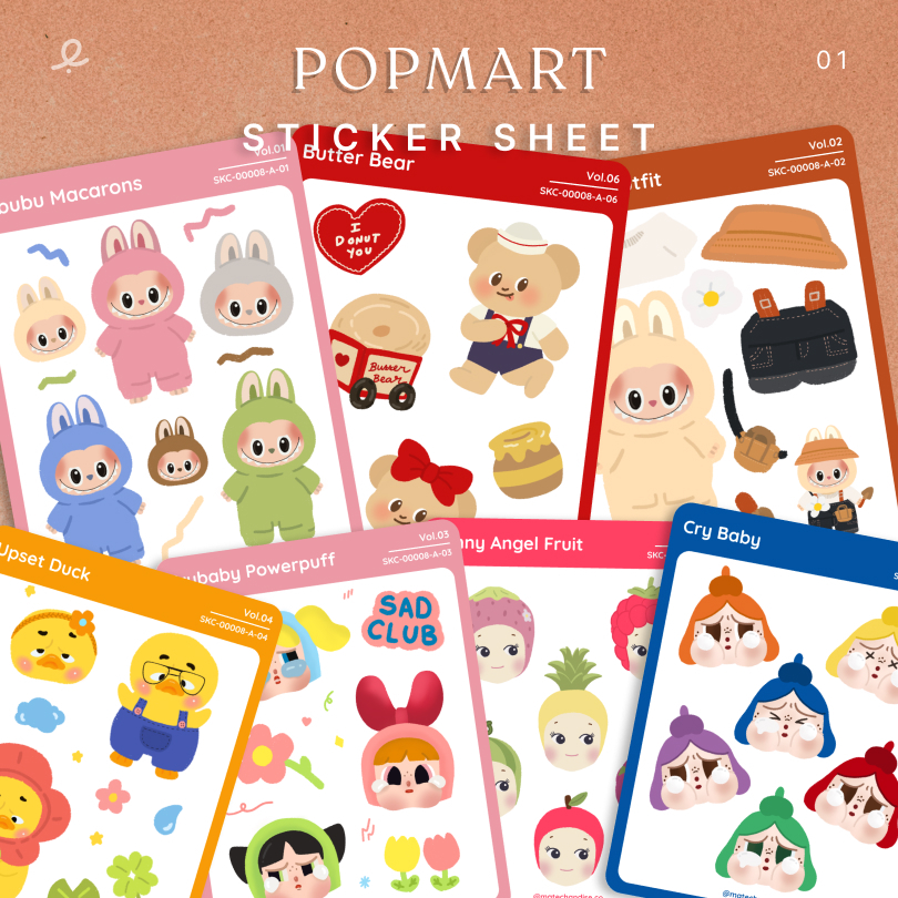 

Sticker sheet popmart | Labubu | Cry Baby Powerpuff | Upset Duck | Sonny Angel | Butter Bear | Kiss cut | Bontax | Laminasi Glossy | 8,5 x 11 cm
