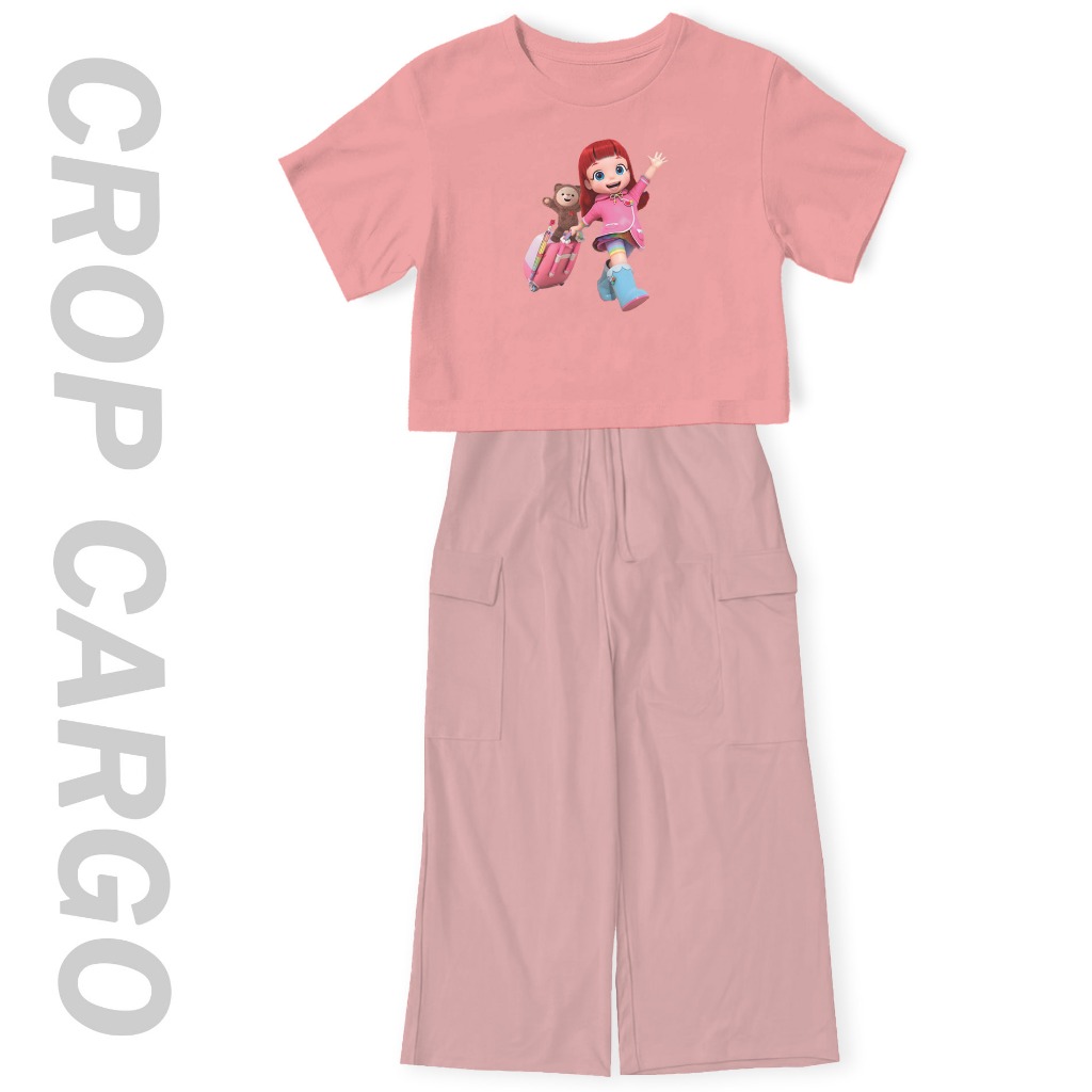 Setelan Crop Oversize Viral Rainbow Ruby Koper Celana Kargo Anak Perempuan Remaja 7-14Tahun