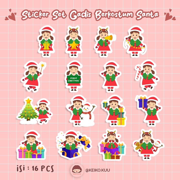 

16 PCS STIKER GADIS BERKOSTUM SANTA CLAUSE WATERPROOF