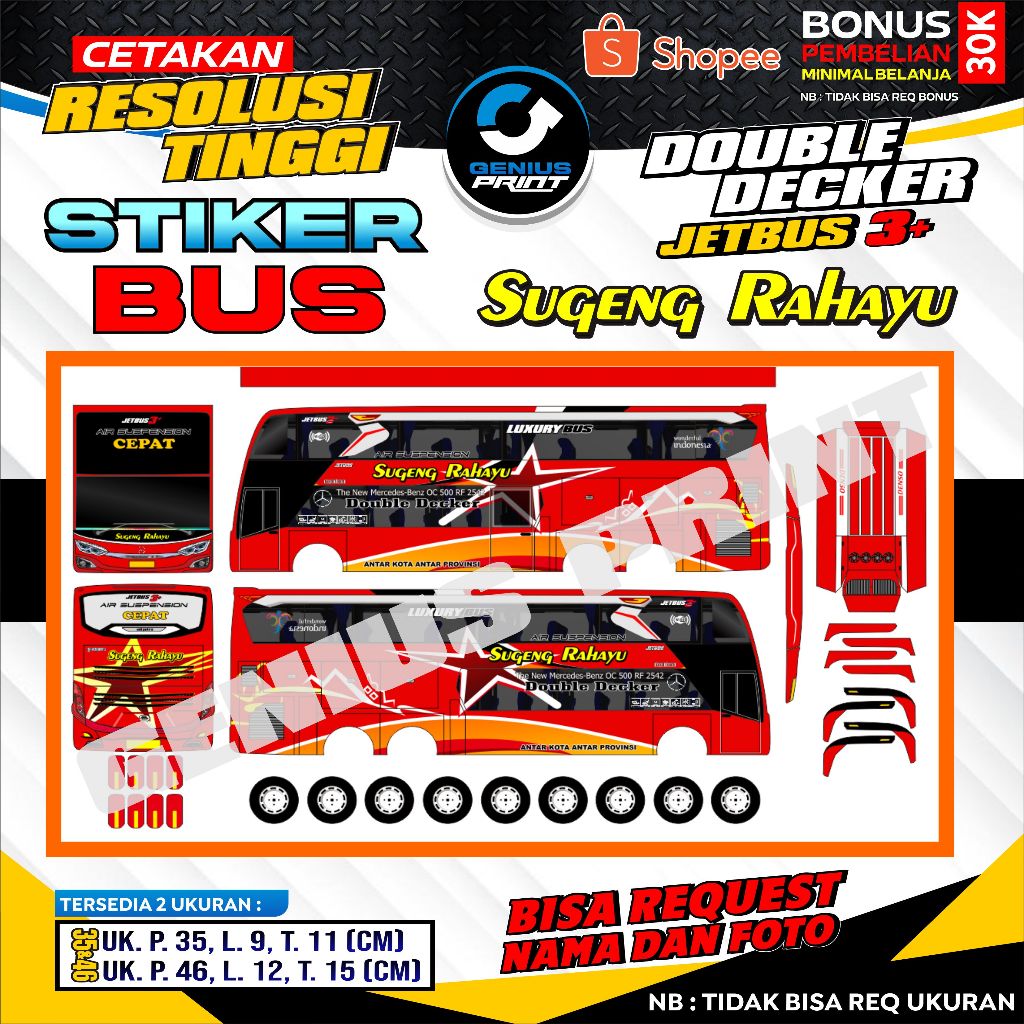Stiker Mainan Miniatur Bus Double Decker Jetbus 3+ Livery Primajasa | Komara | Shantika | Subur Jaya