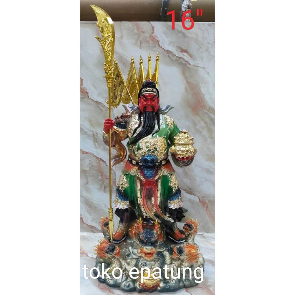 patung dewa kwan kung / kwan kong / kwan te berdiri - naga - fiber - 16 inch - 24