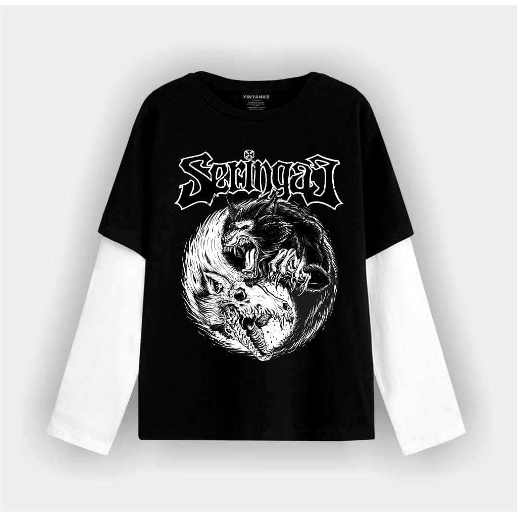 zuro - T-shirt Double layer seringai wolf long sleeve  kaos pria wanita