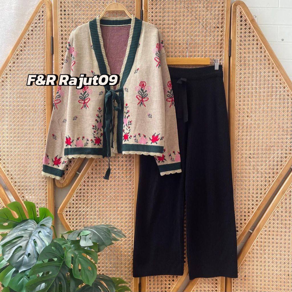 F&R Oneset Mosela Cardigan Rajut Tali Pita Motif Bunga Setelan Celana Kulot Wanita Lengan Panjang Ke