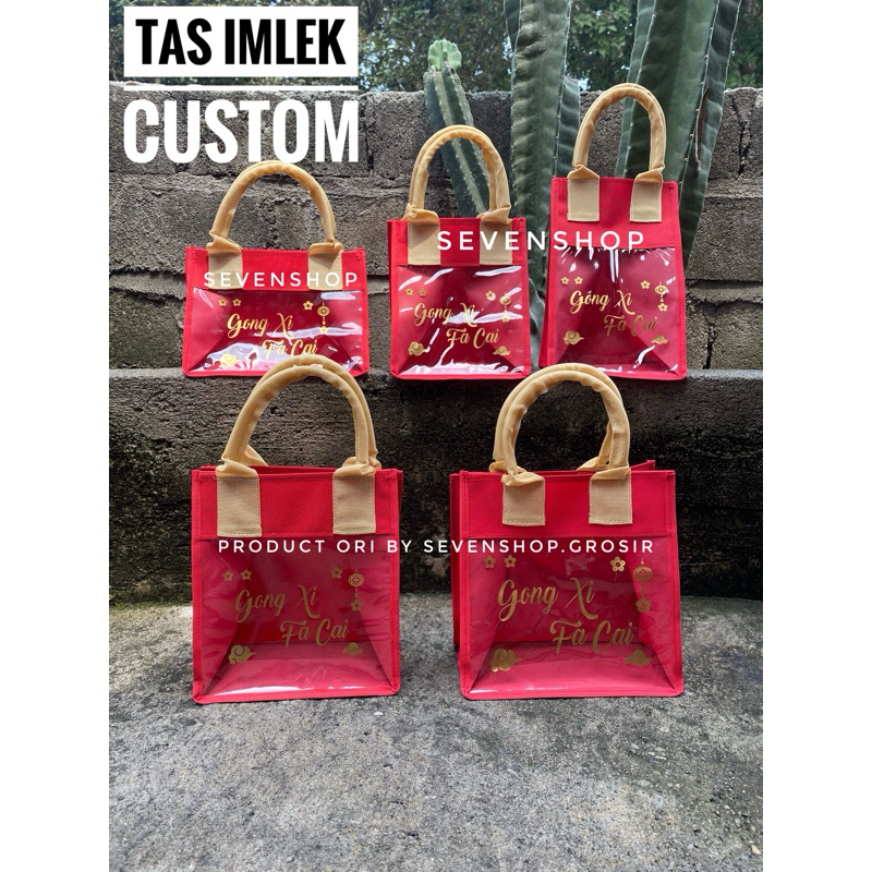 

tas imlek sablon custom merah tali krem isi