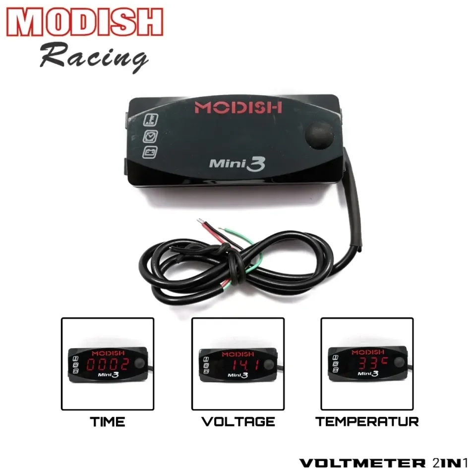 MODISH Voltmeter Motor Digital Only / 3in1 Voltase Dan Jam 12v