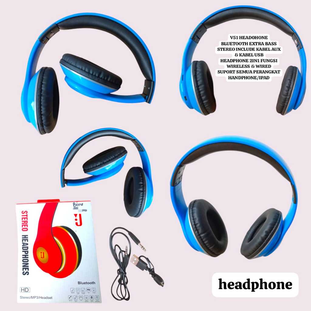 V51 ORI OEM HEADPHONE  BLUETOOTH STEREO DENGAN KABEL AUX EXTRA BASS HEADPHONE WIRELES 2IN1 FUNGSI WI