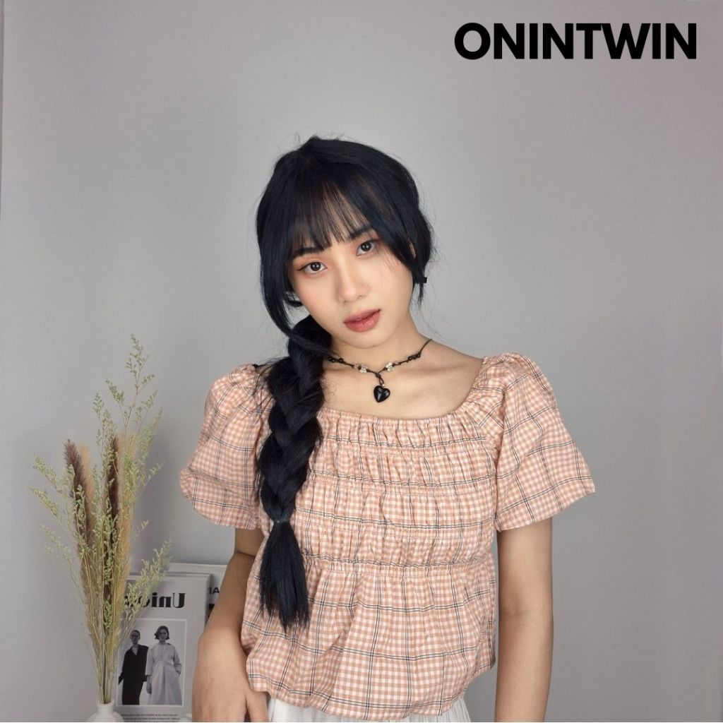 Blus Crop Korea Wanita Musim Panas Lengan Puff Leher Slash Bahu Terbuka Kemeja Katun Wanita Atasan K