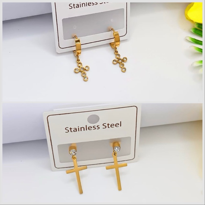 Anting salib permata Titanium anting wanita