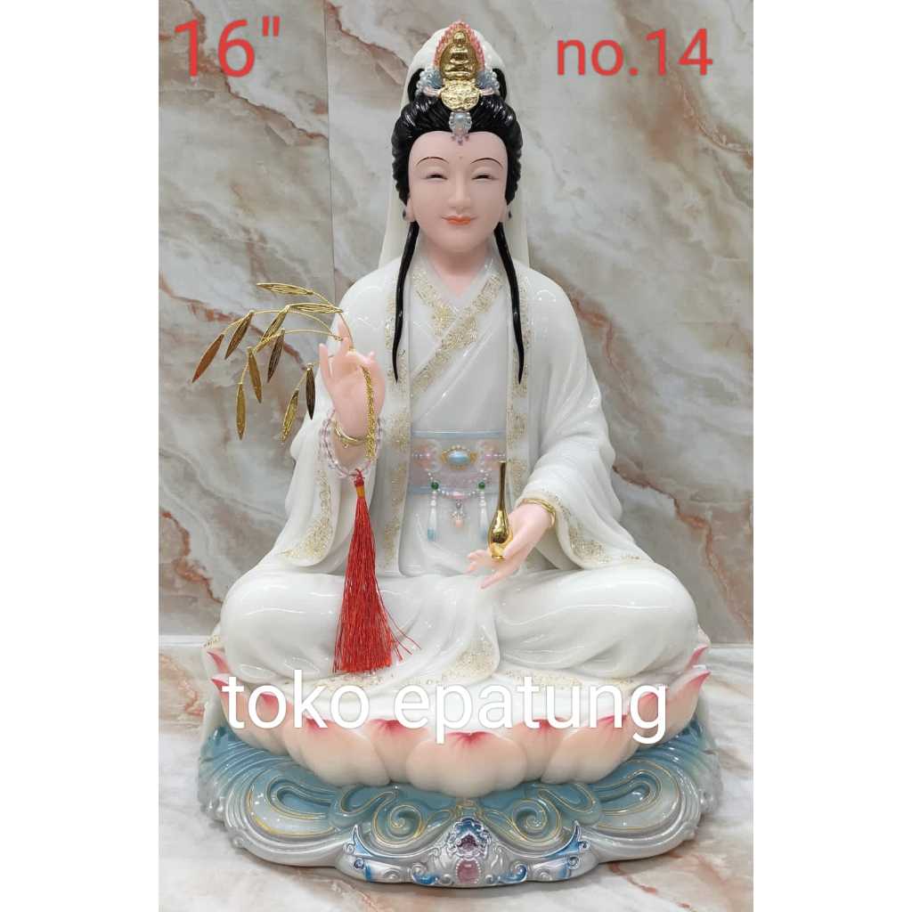 patung dewi kwan im / kwan in / kwan yin / guan yin - marmer - 16 inch - slendang - putih list emas 