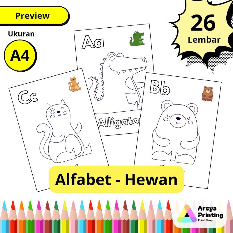 

26 Lembar Kertas Mewarnai Anak Tema Hewan berdasarkan Alfabet A-Z Ukuran A4 dengan Contoh Pewarnaan