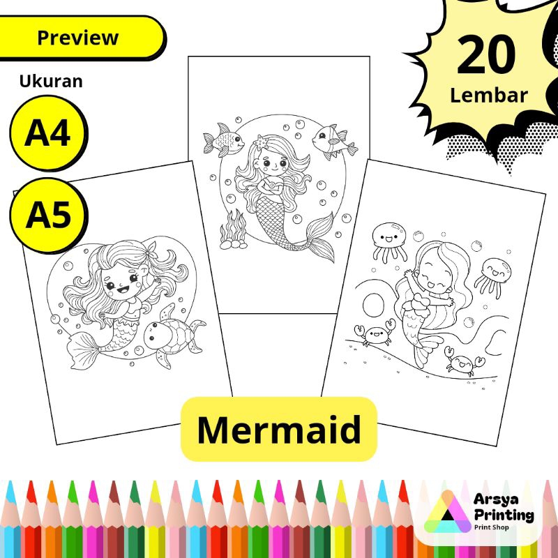 

20 Lembar Kertas Mewarnai Anak Tema Mermaid Ukuran A4 A5