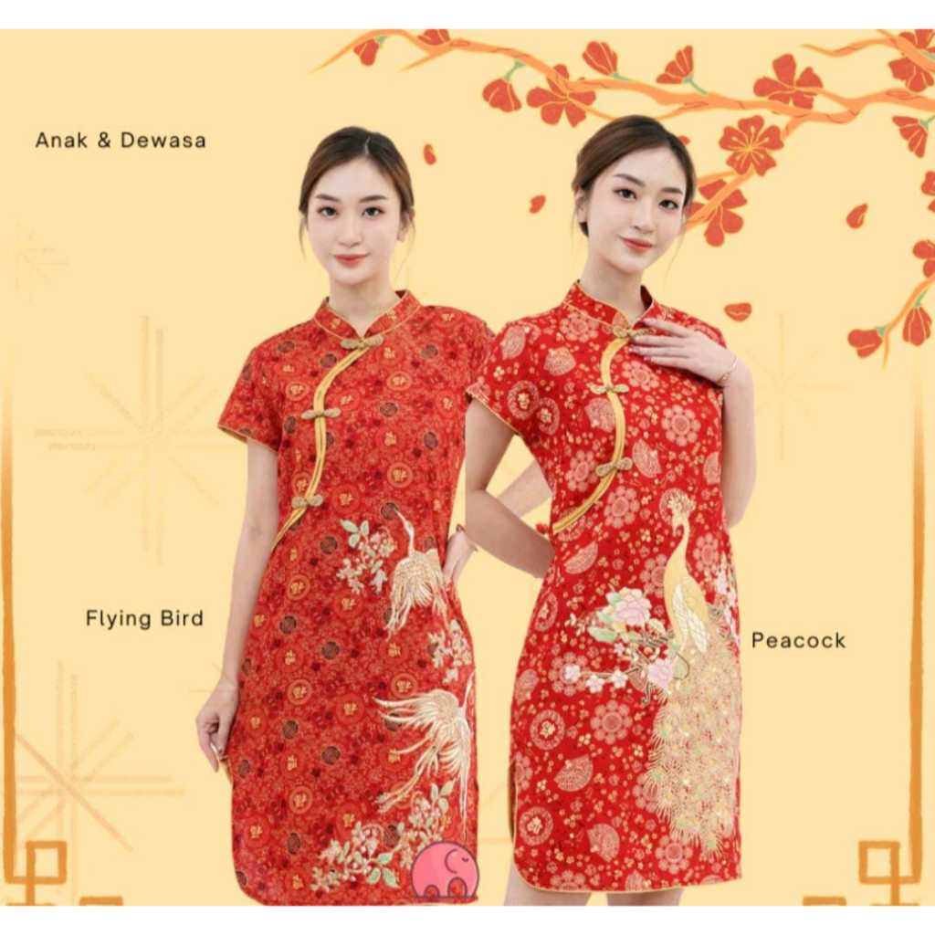 Gaun Qipao Cheongsam Imlek Couple Ibu dan Anak Perempuan Motif Merak