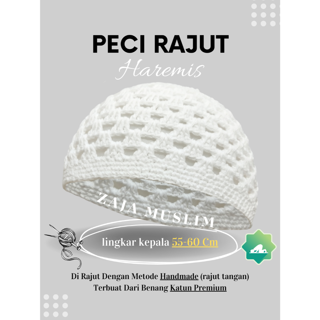 Zaja - Kopiah Rajut Polos Warna Putih Model Haremis Tawon Peci Haji Putih Tebal Dan Elastis