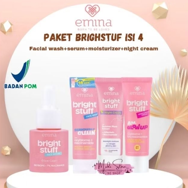 [Ready] Emina Paket Bright Stuf isi 4 (mencerahkan) | facial wash 50ml, serum 30m, nighte cream, moi