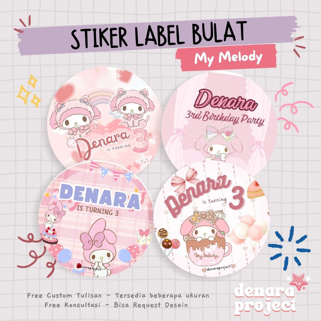

(50 PCS) Stiker Bulat Custom Bento Hampers Ulang tahun My Melody Sanrio