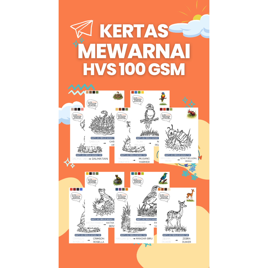 VOL.10 Kertas Mewarnai Anak/Gambar Mewarnai Anak/Buku Gambar Mewarnai Anak SD/TK/PAUD Tema Hewan