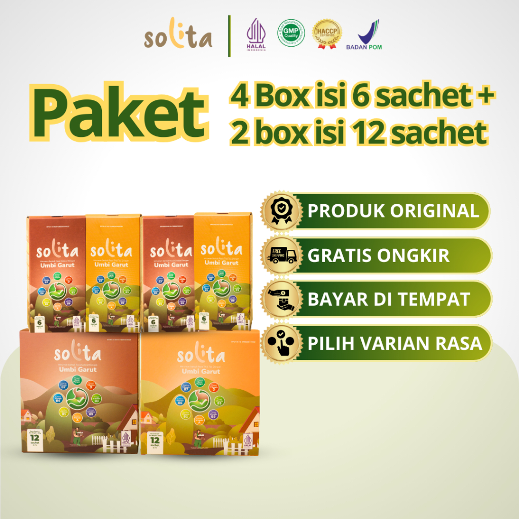 

PAKET SUPER COMBO SOLITA Minuman untuk Asam Lambung | Rasa Cokelat & Thai Tea | 4 Box isi 6 & 2 Box isi 12