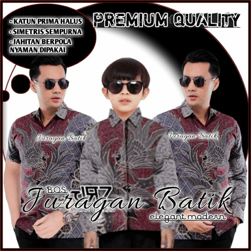 COD - Couple Batik Ayah Anak - Kemeja Batik Couple Ayah Anak Laki Cowok - Batik Warna Merah Abu-abu