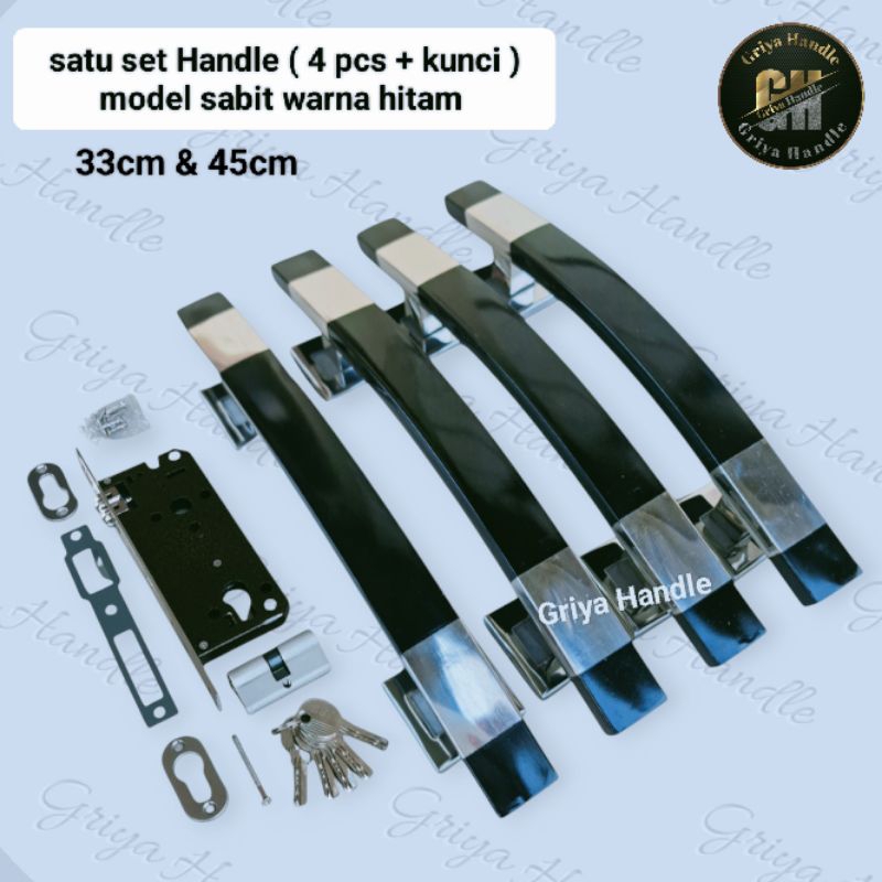 (4 biji) Handle pintu Full set kunci gagang pintu model kotak sabit lengkung 33cm 45cm warna hitam/G
