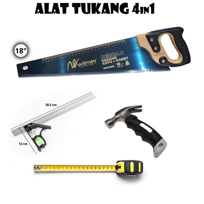 Borong Hemat Paket Lengkap Alat Tukang 4in1 Gergaji Kayu Palu Kambing Cabut Paku Penggaris Siku Wate