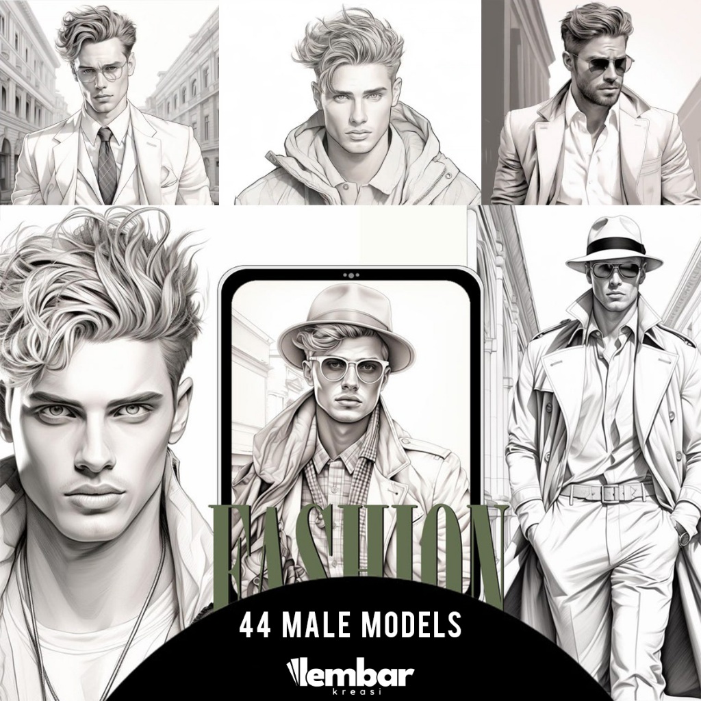 

44 Pages Buku Mewarnai Dewasa - Printable Adult Coloring Book - Digital Download - Male Fashion