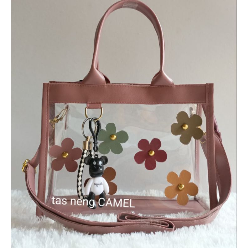 Tas Selempang gaya Korea Motif Kembang Tas anti Air Tas Kerja Tas Mika Bening Transparan Selempang