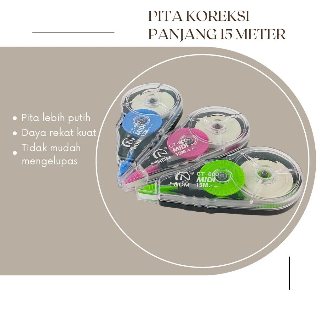 

Correction Tape/Pita Koreksi/Tip-ex kertas/NDM Correction Tape CT-800 Midi panjang 15meter