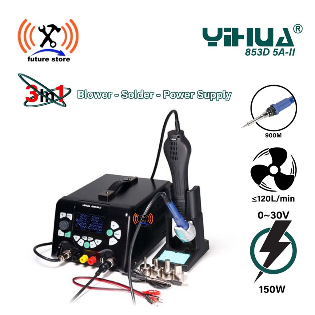 YIHUA 853D 5A II Blower Uap + Soldering +Power Supply Hp 5A 30V 3 in 1 920W SMD Soldering Station US
