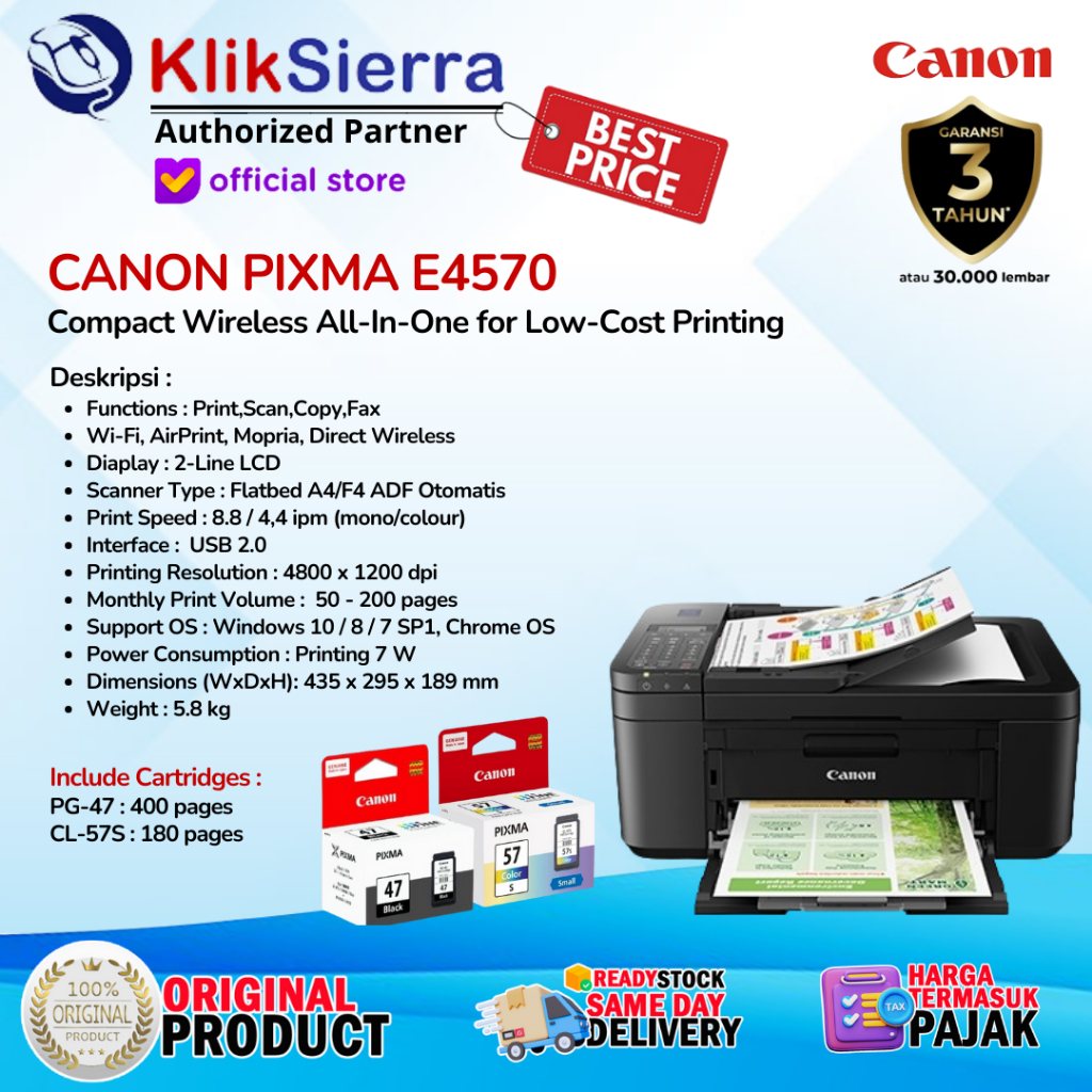 Printer Inkjet CANON PIXMA E4570 - Print Scan Copy Wifi ADF Fax - Printer Cartridge AIO 4 in 1 - Pri