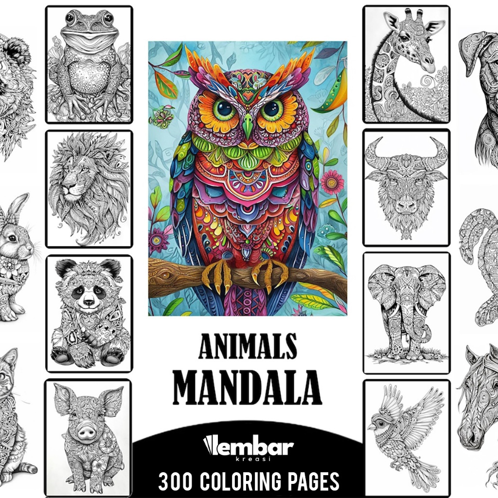 

300 Pages Buku Mewarnai Dewasa - Printable Adult Coloring Book - Digital Download - Animals Mandala