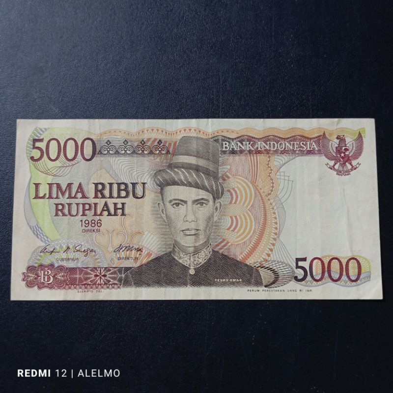 uang kertas kuno 5000 rupiah teuku umar tahun 1986 bekas asli utuh YEN163882