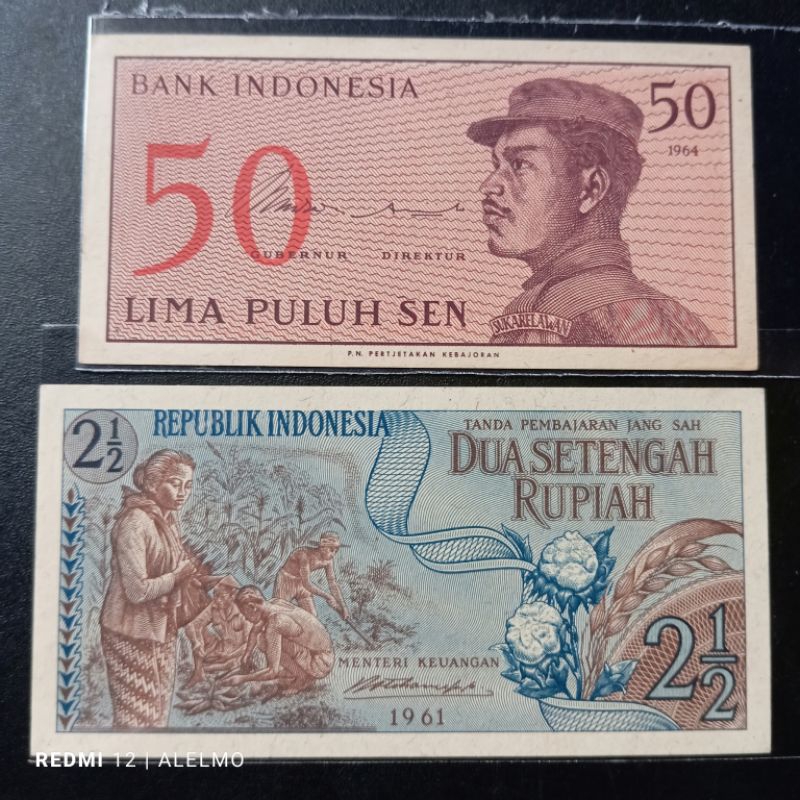 2 lembar 2½ rupiah & 50 sen indonesia gres