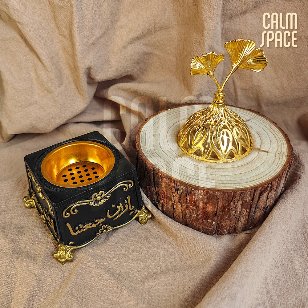Jamooan Hitam Tempat Bakar Dupa Mabkharah Bulat Arab Bahan Resin Hiolo Kuningan Besi Hio Emas