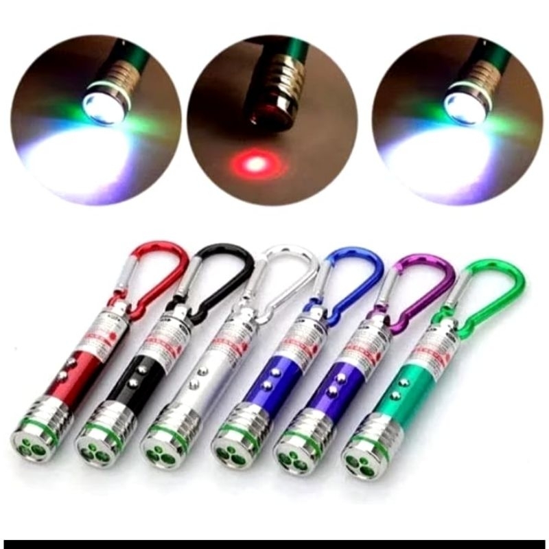 Senter Laser 3 in 1 Mini Praktis dengan Gantungan Kunci, LED Terang dan Laser Merah, Warna Random