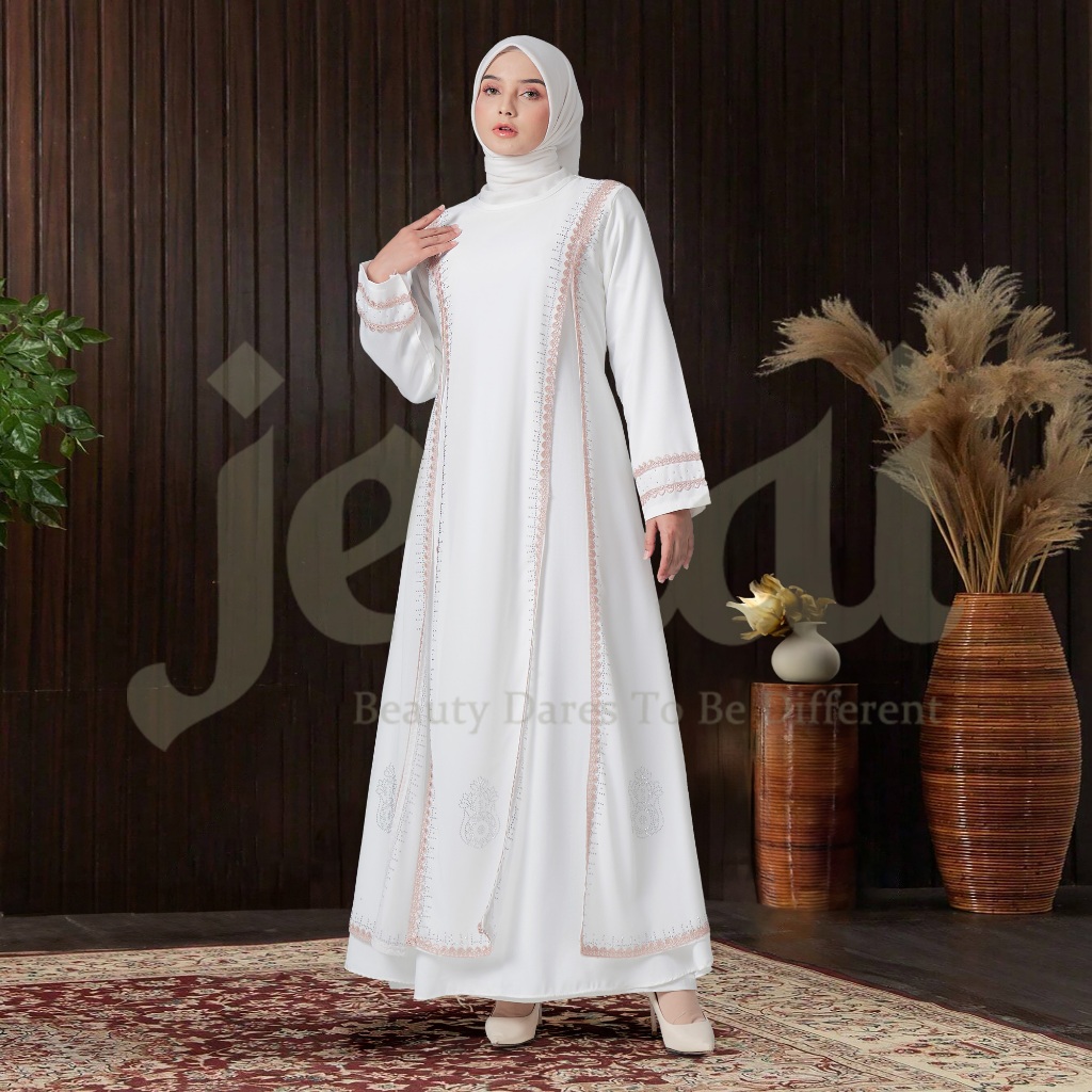 bestpromo jenai gamis putih wanita kekinian - abaya putih turkey mewah dan elegan terbaru