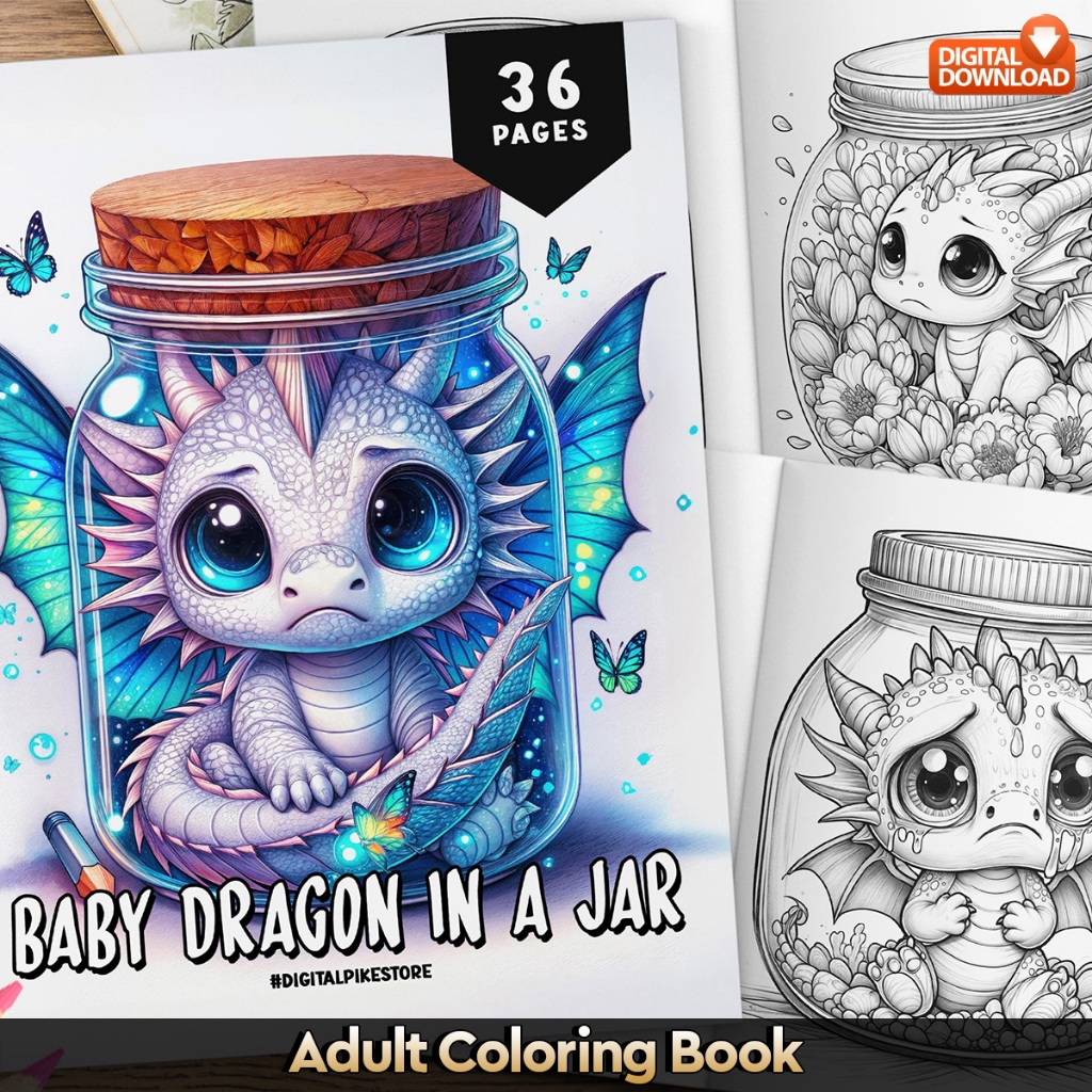 

36 Pages Buku Mewarnai Dewasa - Digital Download - Printable Adult Coloring Book - Jar Baby Dragon