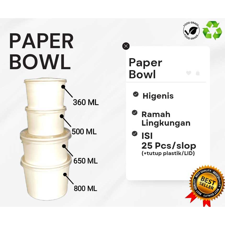 Paper Bowl Mangkok Kertas Nasi Kemasan Makanan 360 ML / 500 ML / 650 ML / 800 ML