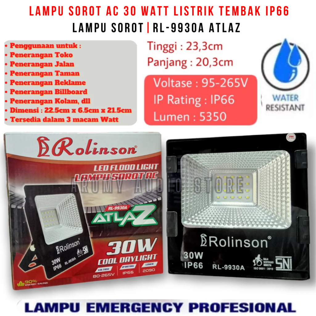 Rolinson RL-9930A ATLAZ | Lampu Sorot AC 30 Watt Listrik Tembak IP66 | Lampu Sorot AC Listrik Tembak