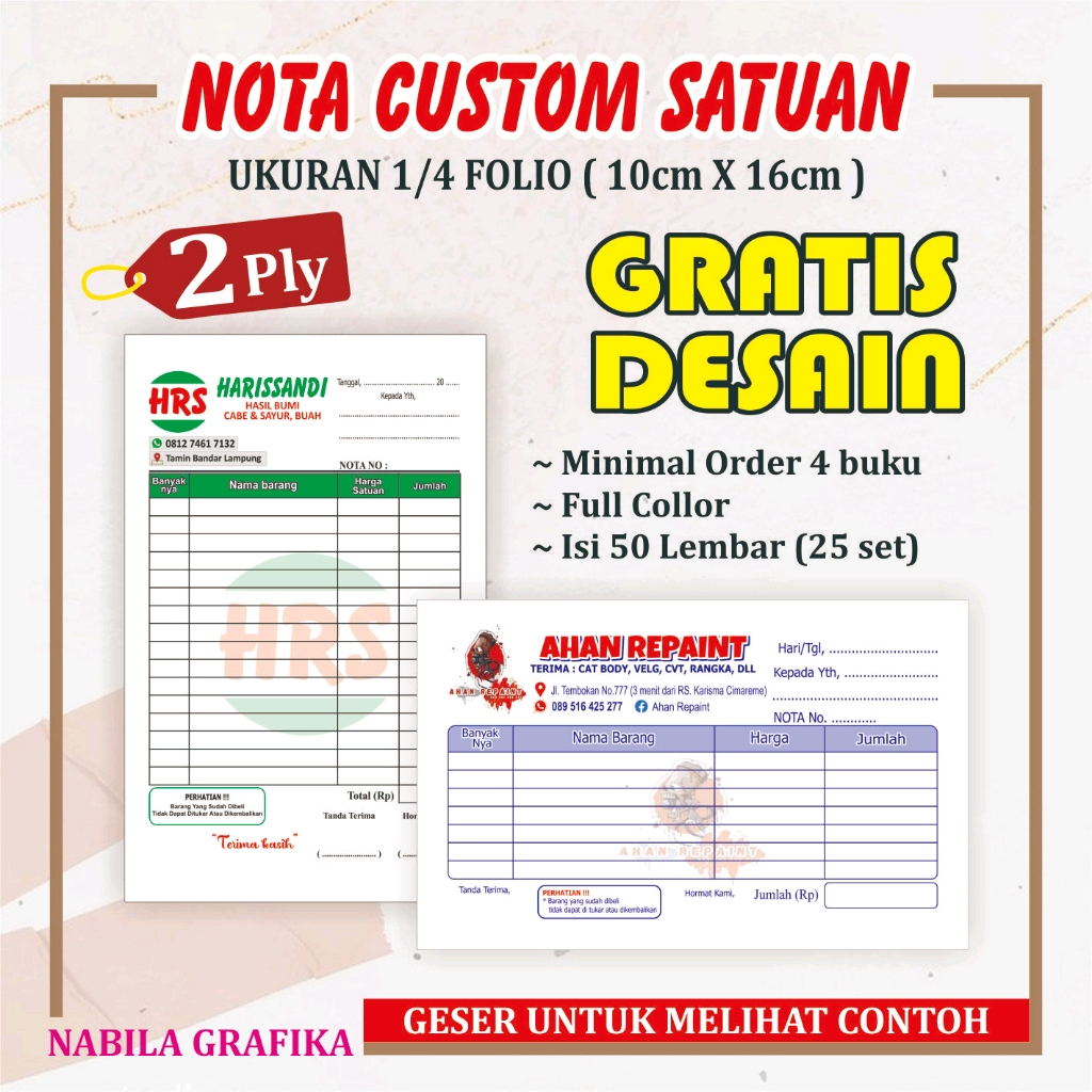 

PROMO cetak nota custom murah 2 ply ukuran sedang 1/4 folio