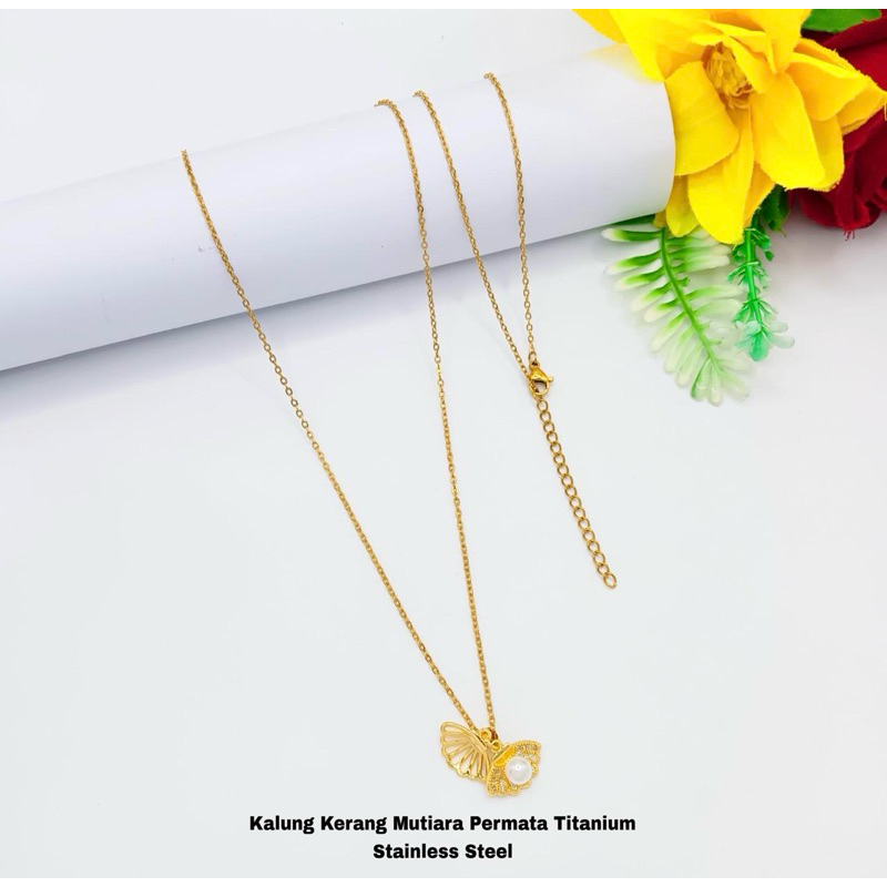 Kalung kerang mutiara permata titanium fashion wanita