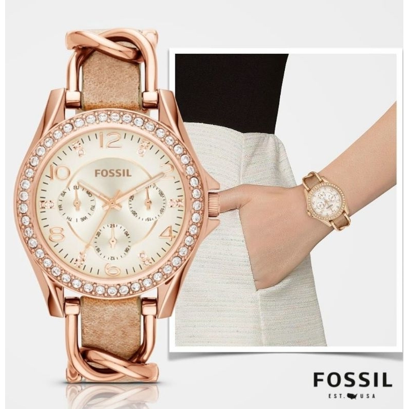 jam tangan wanita original es3466 es 3466 riley rose tone sand leather