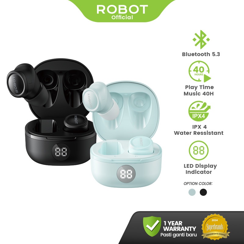 ROBOT TWS Airbuds T80 Bluetooth 5.3 Low Latency 60ms Playtime 40 Jam IPX4 Water Resistant Driver 6mm