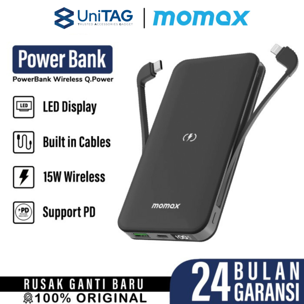 Powerbank Wireless 15W Momax 10000mAh USB Type C Lightning MFi Cable by UniTAG